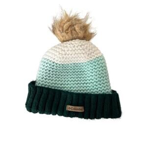 Columbia Knit Winter Hat, Green Blue White Stripe with Pom Pom, One Size